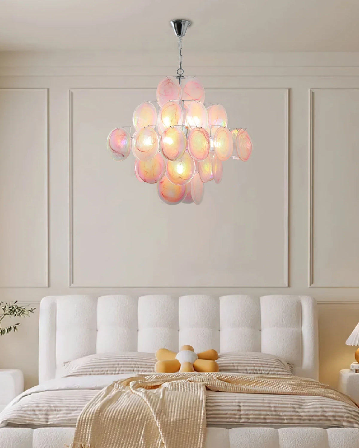 Modern Pink Iridescent Round Disc Art Glass Chandelier in Elegant Bedroom