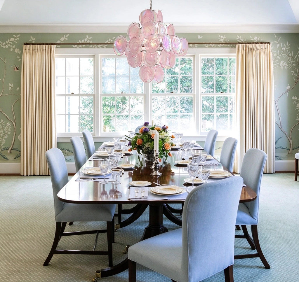 Modern Silver Frame Pink Iridescent Chandelier in Grand Dining Room