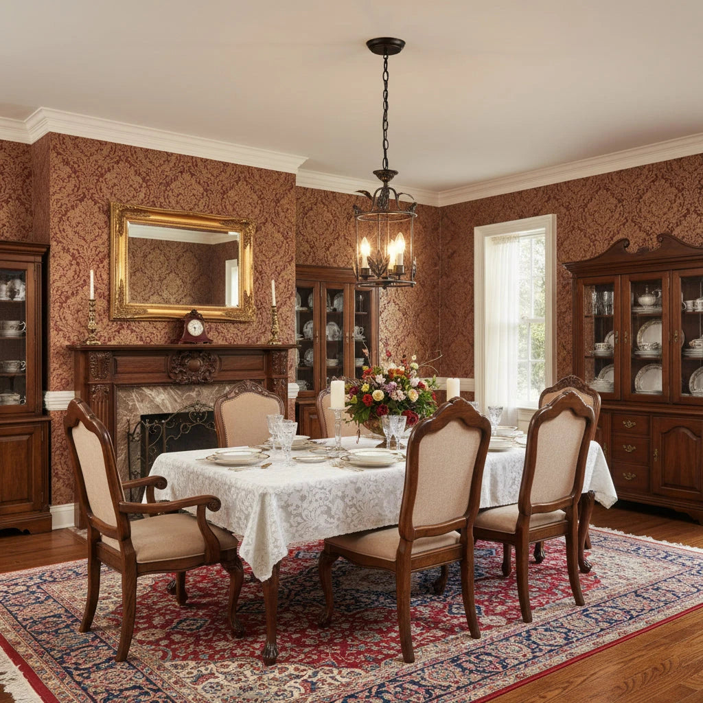 Traditional Brass Birdcage Chandelier Over Dining Room Table