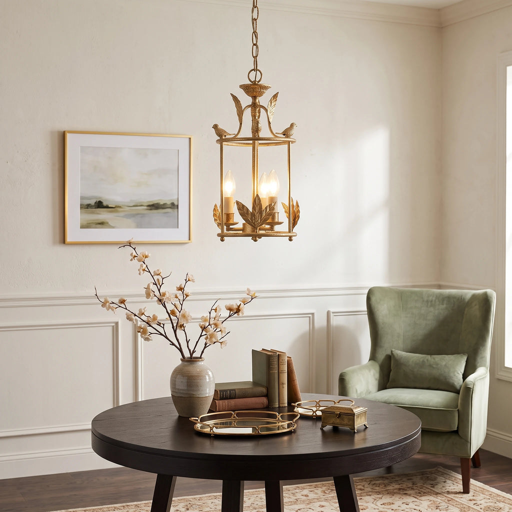 Vintage Brass Birdcage Pendant Light Over Living Room Side Table