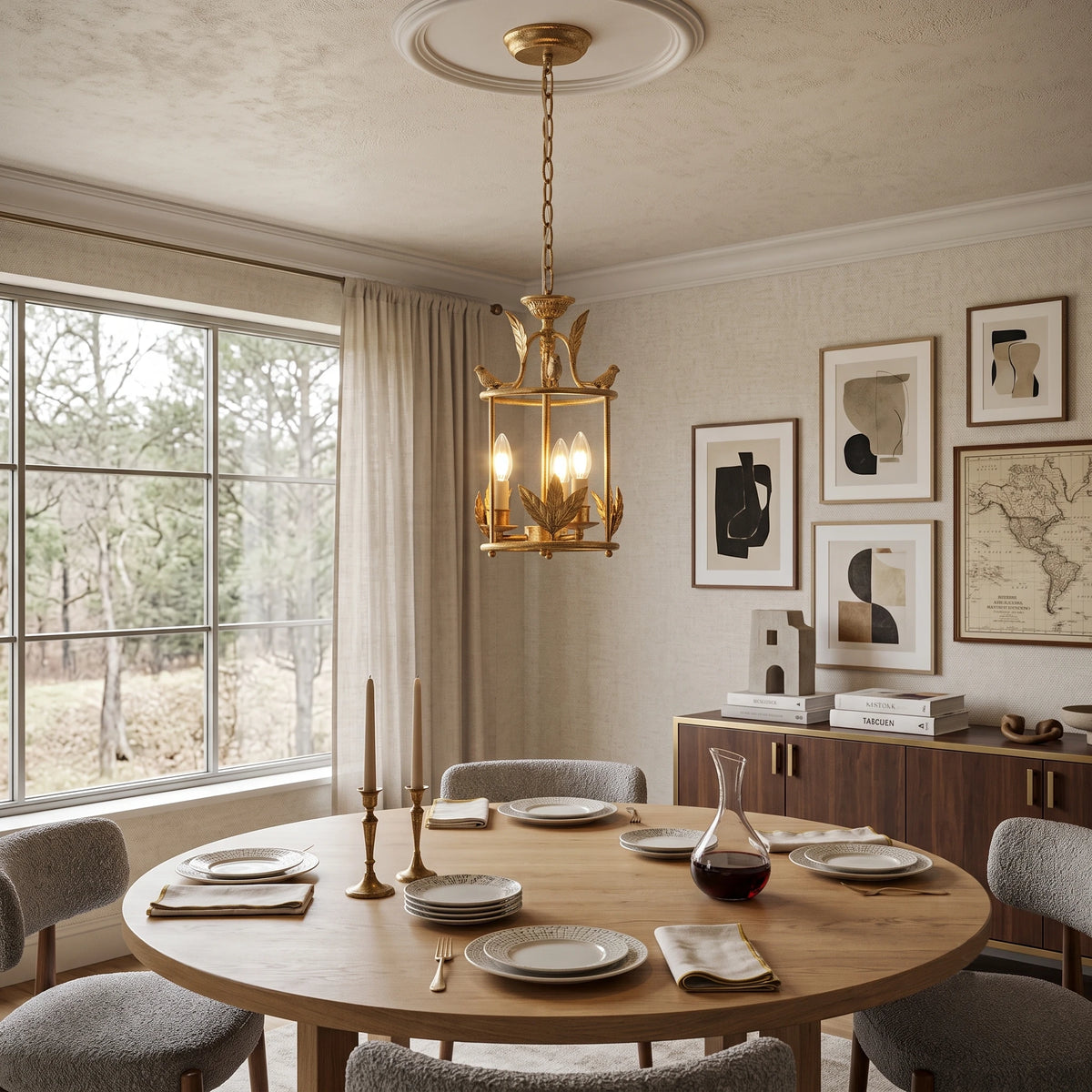 French Country Brass Lantern Chandelier Over Round Dining Table