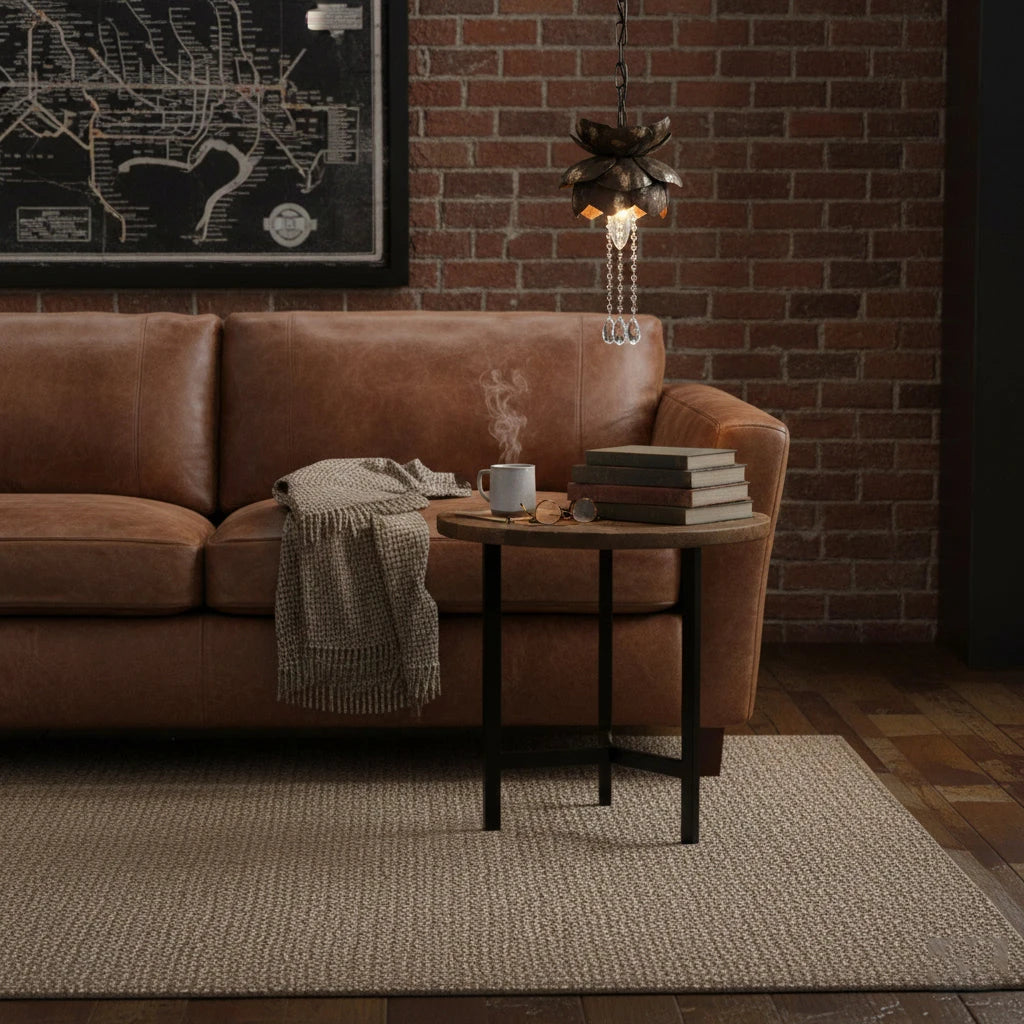 Vintage Metal Lotus Pendant Lamp Over Leather Sofa