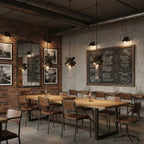 Distressed Metal Lotus Pendant Light Over Restaurant Seating Area