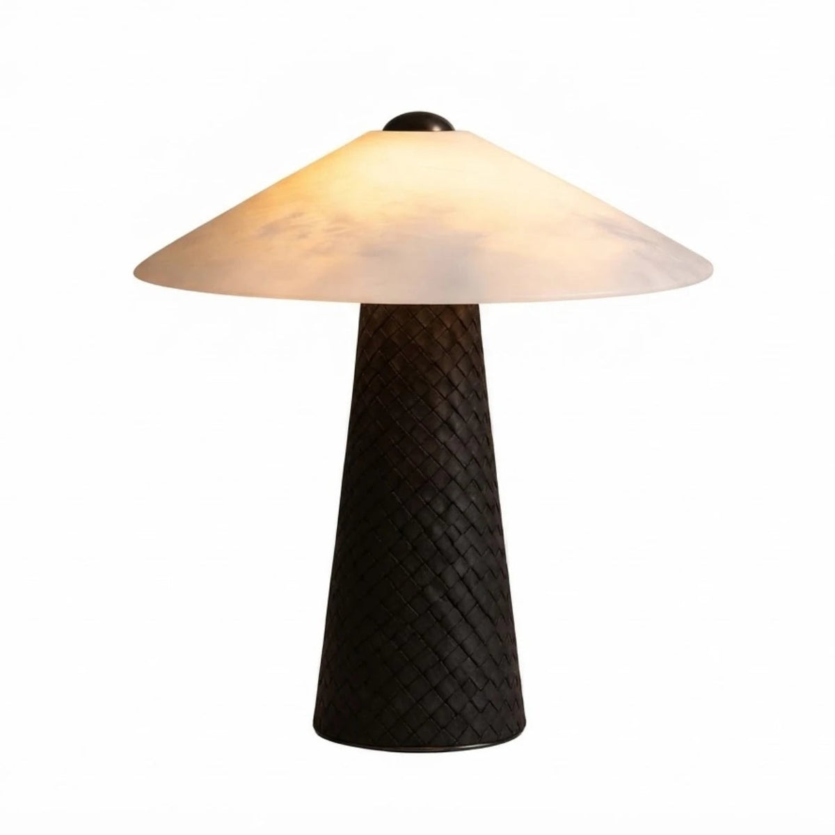 Modern Dark Woven Cone Base and Alabaster Dome Table Lamp with Warm Light on Pure White Background