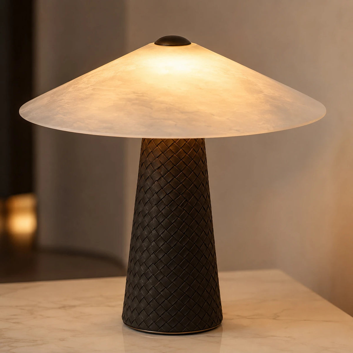 Illuminated Modern Dark Woven Cone Base Alabaster Dome Table Lamp Studio Shot