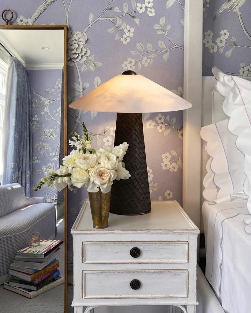 Modern Dark Woven Cone Base Alabaster Table Lamp in Elegant Bedroom Interior