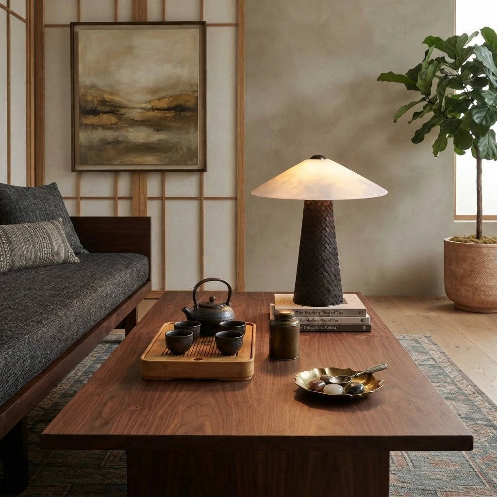 Modern Alabaster Dome Table Lamp in Minimalist Tea Room Setting