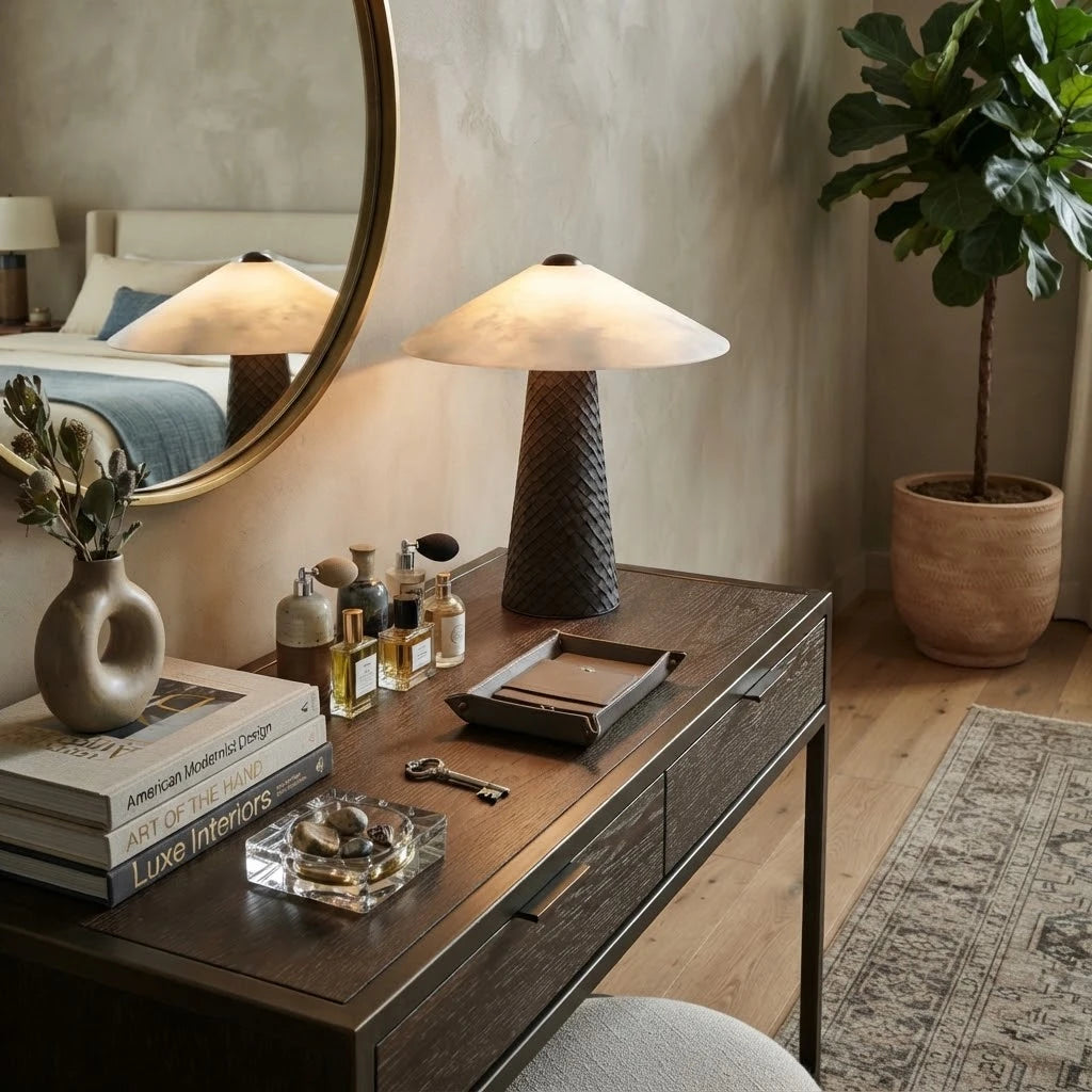 Modern Dark Woven Cone Base Alabaster Table Lamp in Luxury Vanity Space