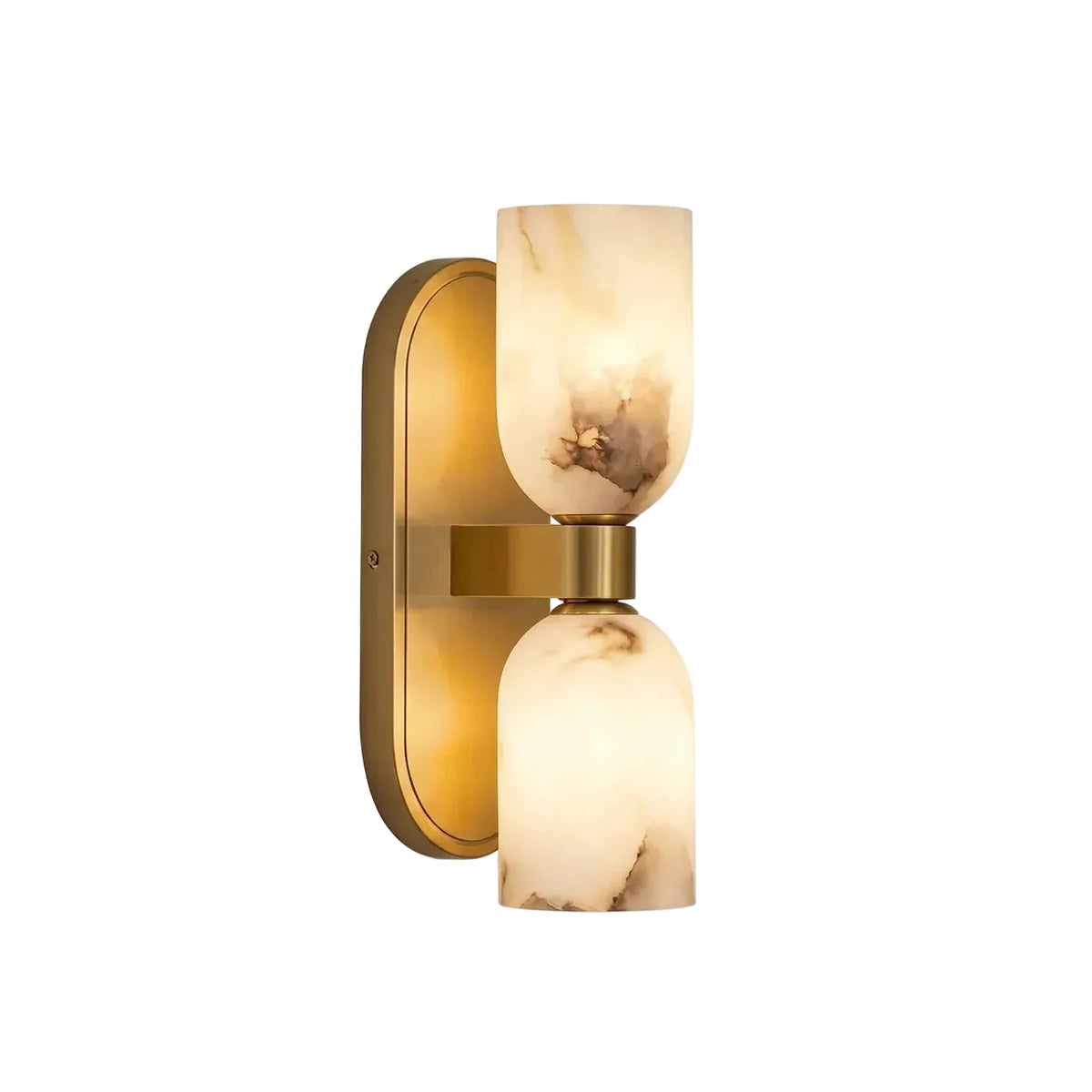 Modern Alabaster Double Cylinder Wall Sconce with Brushed Brass Base on Pure White Background