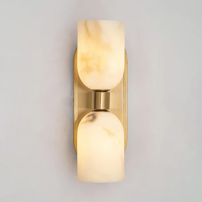 Front view of the Alabaster Double Wall Sconce showing two vertically arranged glowing shades