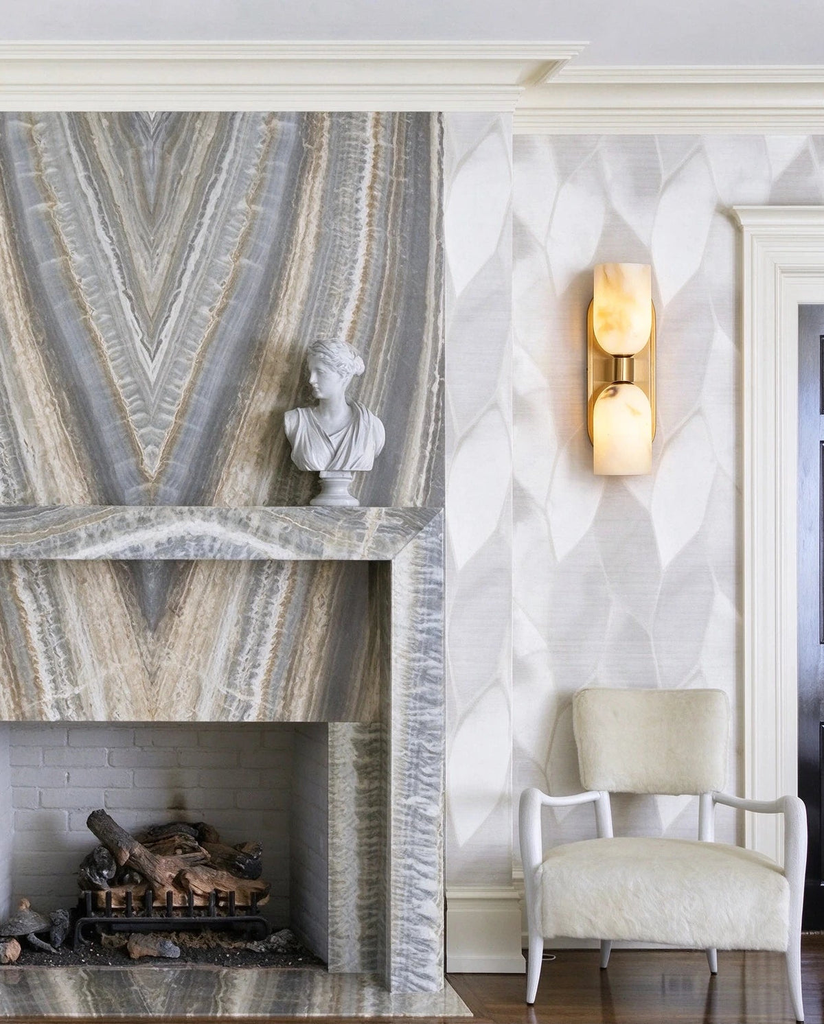 Fireplace Living Room Installation Shot of Alabaster Brass Wall Sconce