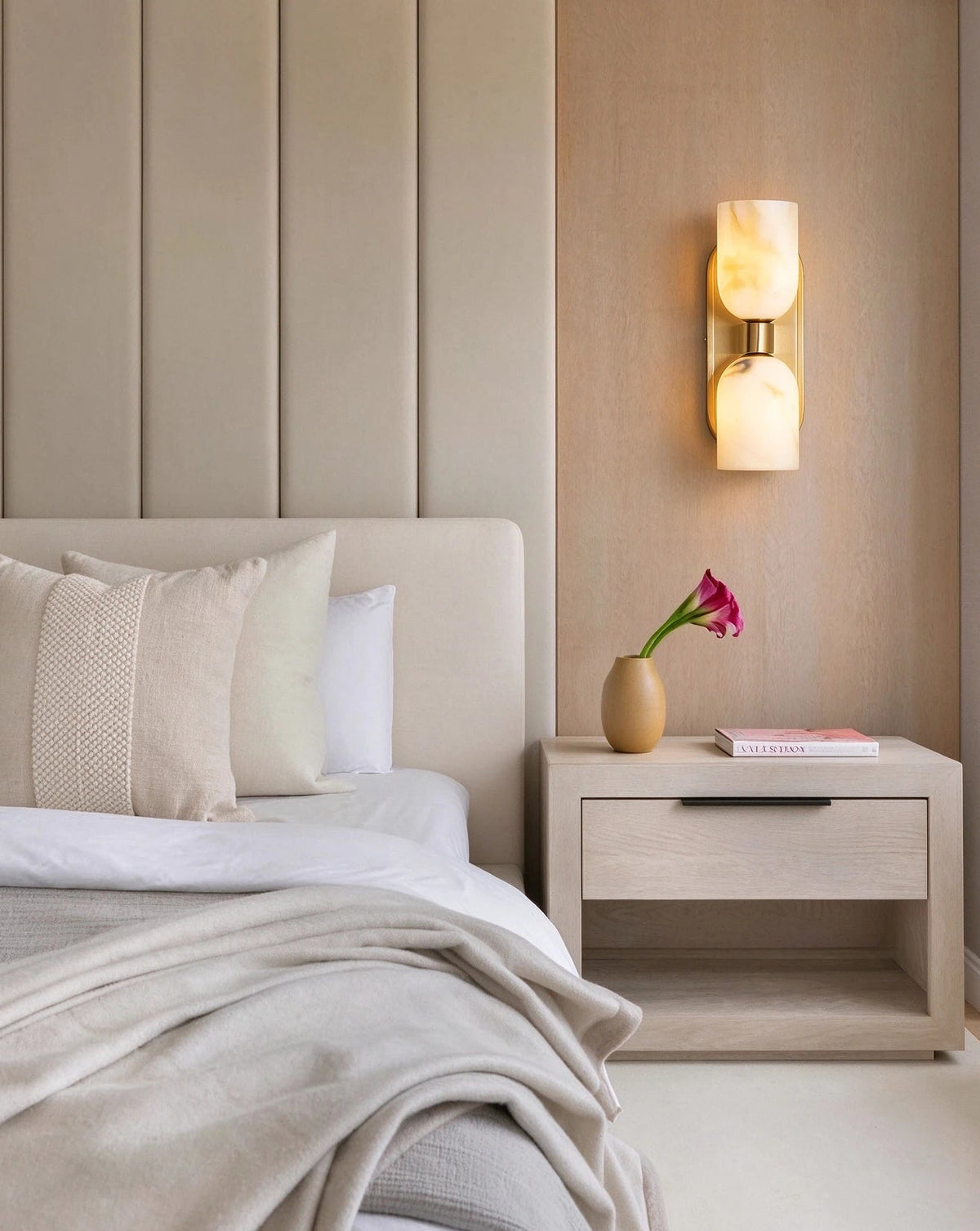 Minimalist Bedroom Headboard Installation of Alabaster Wall Sconce