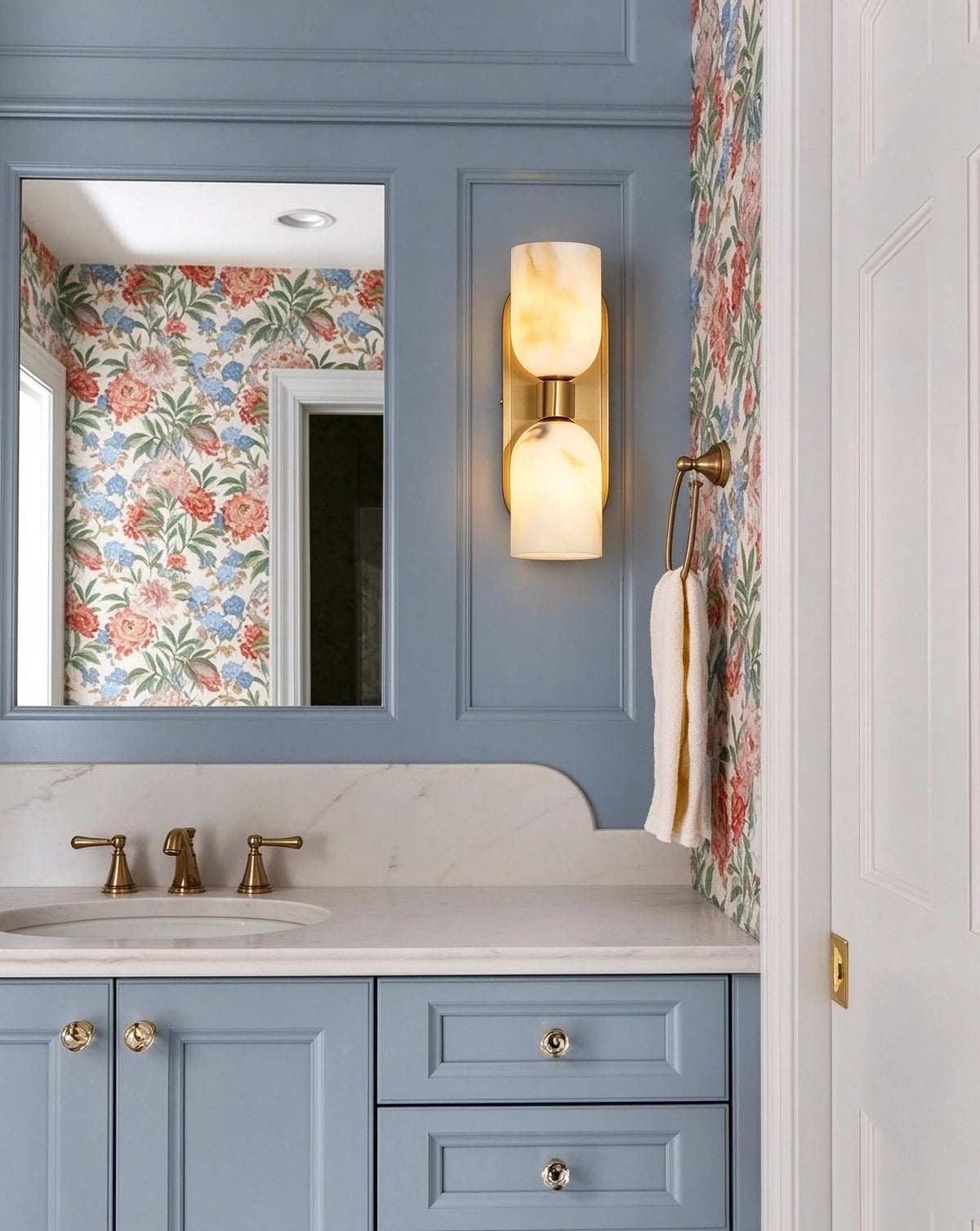 Blue Bathroom Vanity Installation of Alabaster Brass Wall Sconce