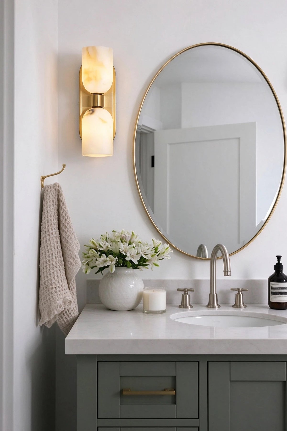 Bathroom Vanity with Round Mirror Wall Sconce Installation