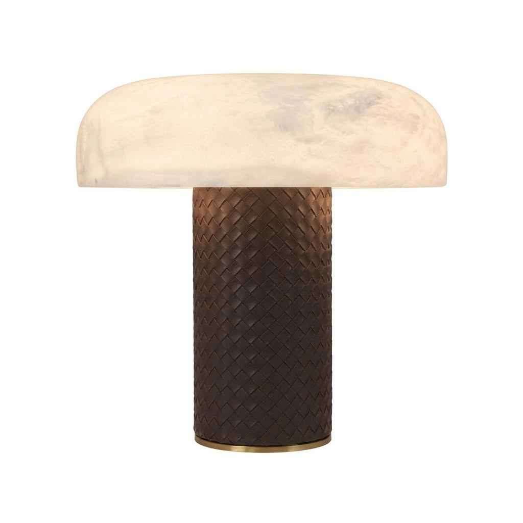 Modern Dark Woven Base and Alabaster Mushroom Table Lamp with Flat Dome Shade on Pure White Background