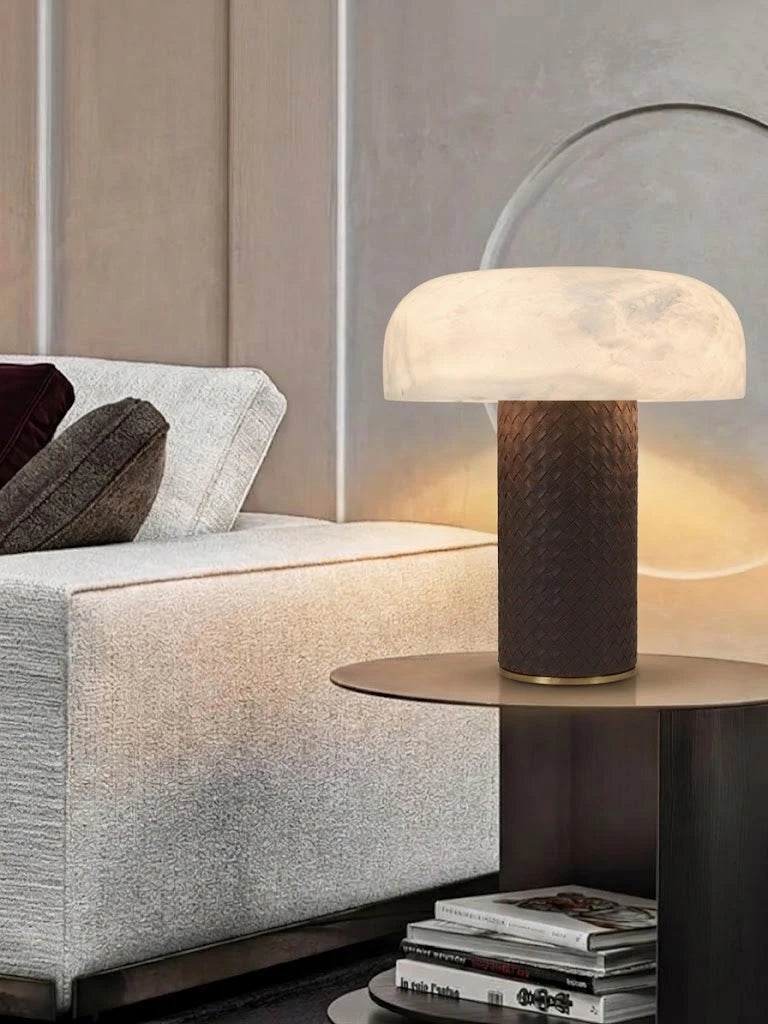 Modern Dark Woven Base Alabaster Table Lamp in Luxury Master Bedroom