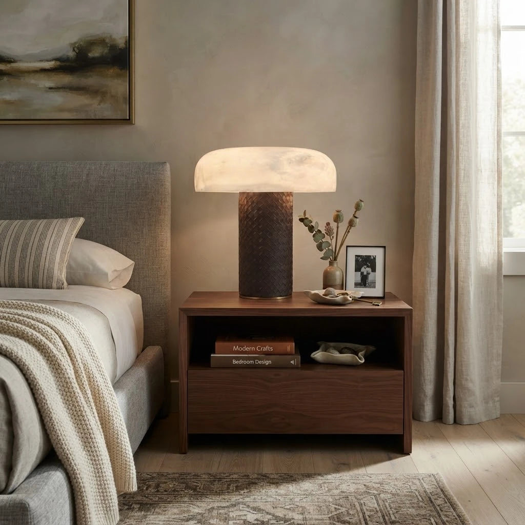 Modern Alabaster Mushroom Table Lamp in Cozy Bedroom Setting