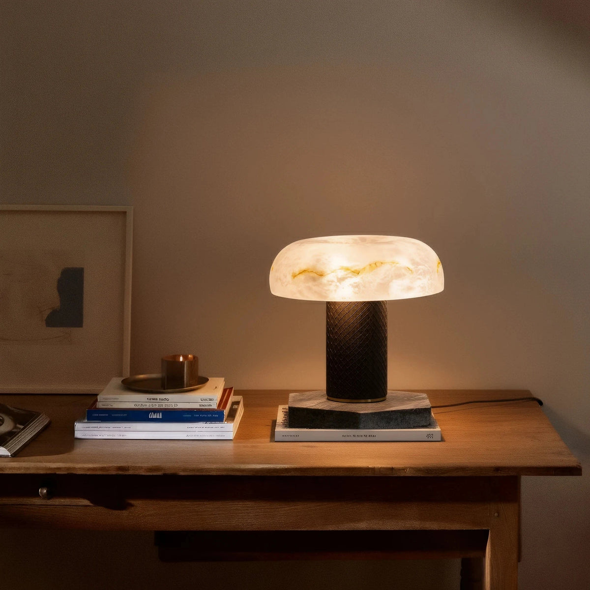 Modern Dark Woven Base Alabaster Table Lamp in Home Office Workspace