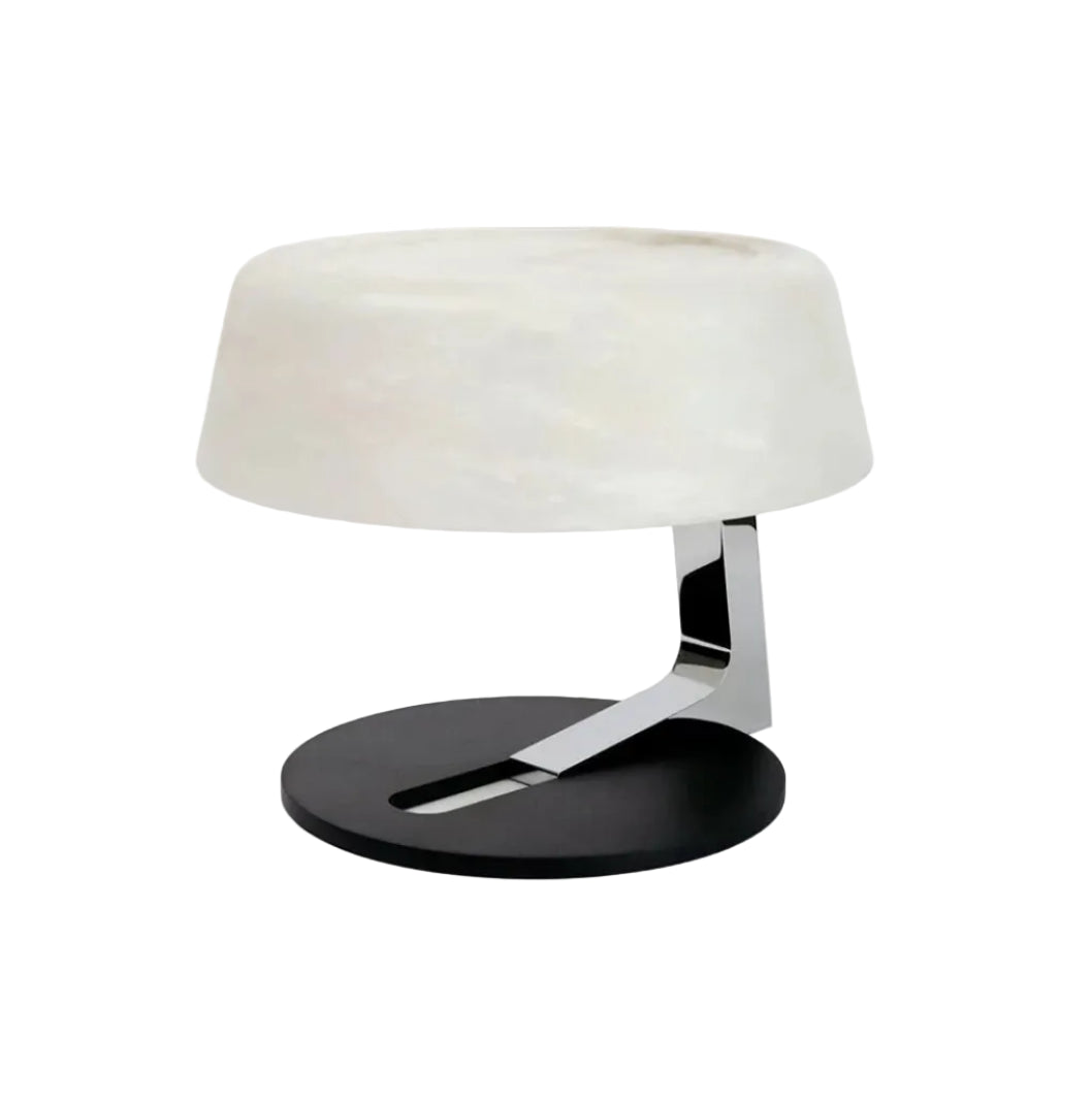 Modern Black Base and Alabaster Disc Table Lamp with Silver Metal Stand on Pure White Background