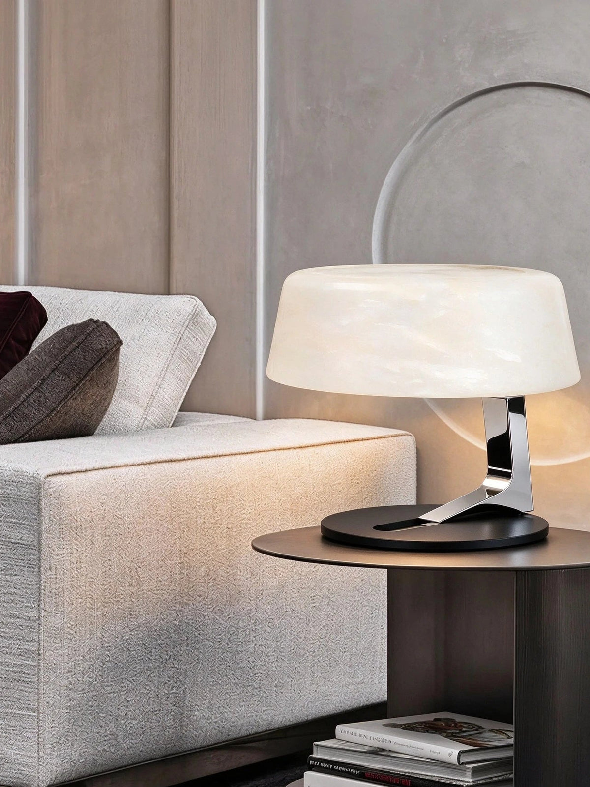 Modern Alabaster Disc Table Lamp in Luxury Living Room Setting