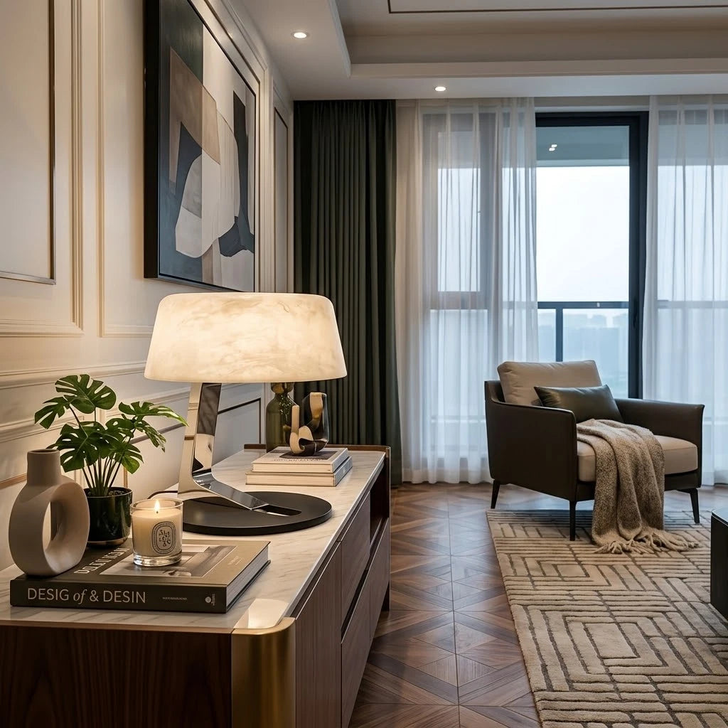 Modern Black Base Alabaster Table Lamp in Elegant Hallway Foyer