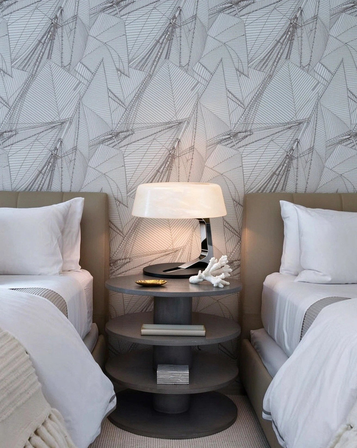Modern Alabaster Disc Table Lamp in Twin Bedroom Interior