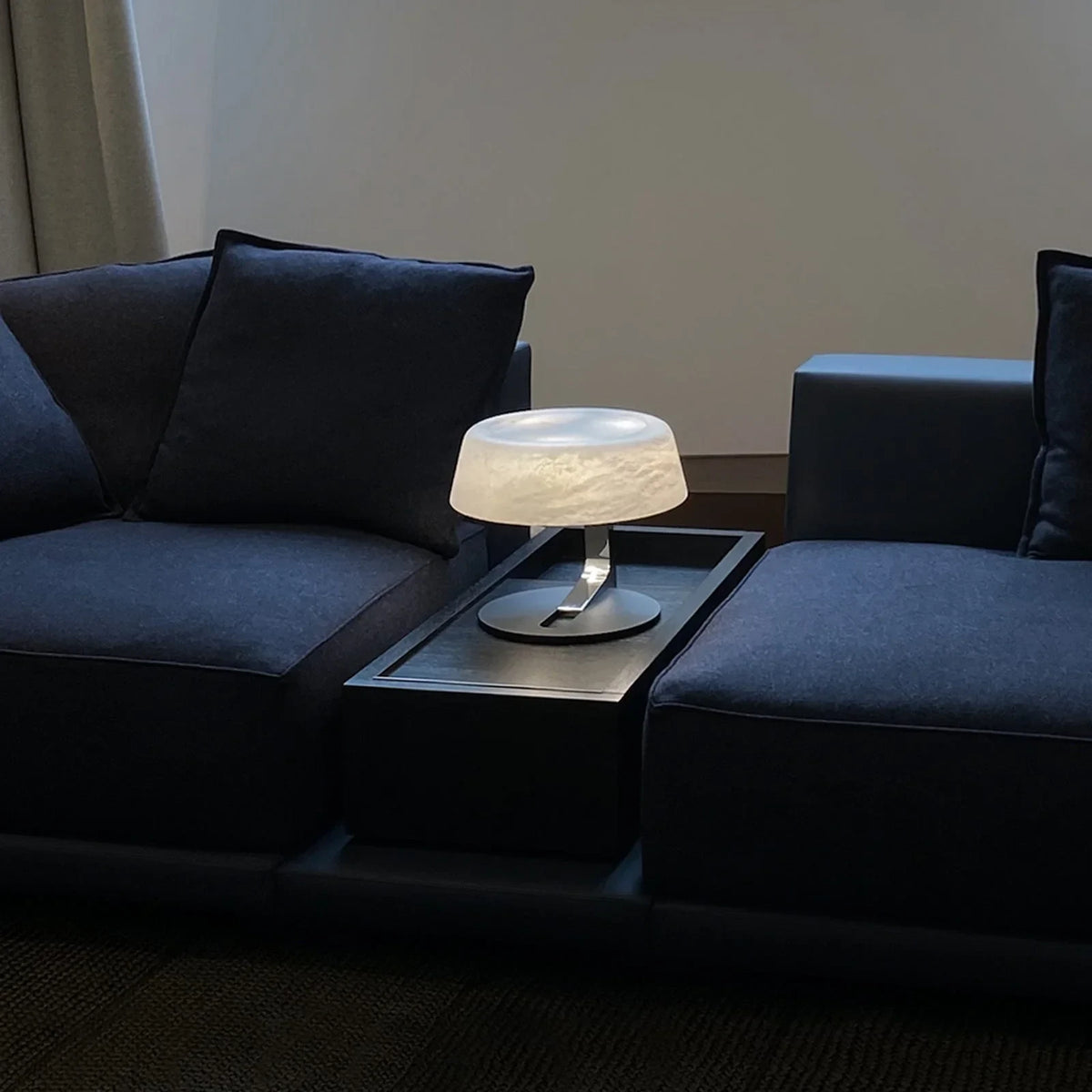 Modern Black Base Alabaster Table Lamp in Cozy Living Area