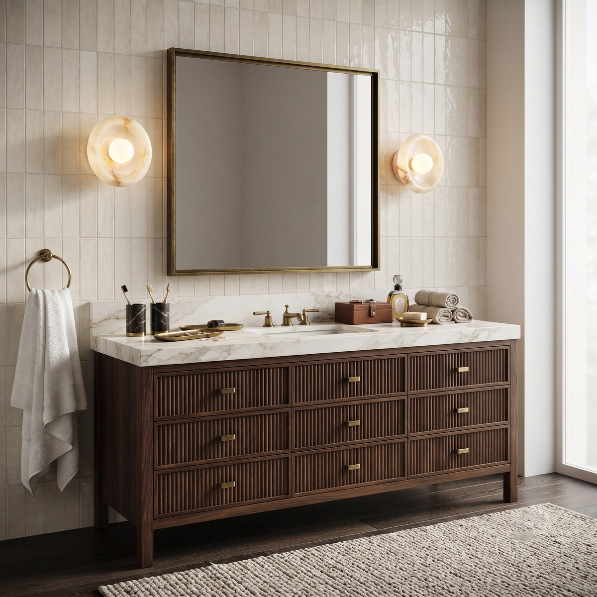Pair of Concave Alabaster Vanity Sconces Flanking Bathroom Mirror
