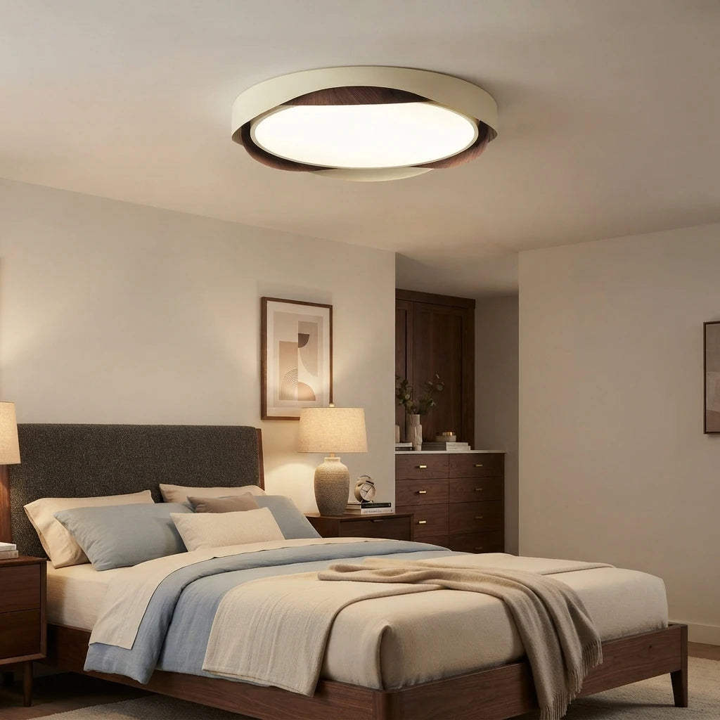Modern Wood and Metal Ceiling Light in Master Bedroom Setting