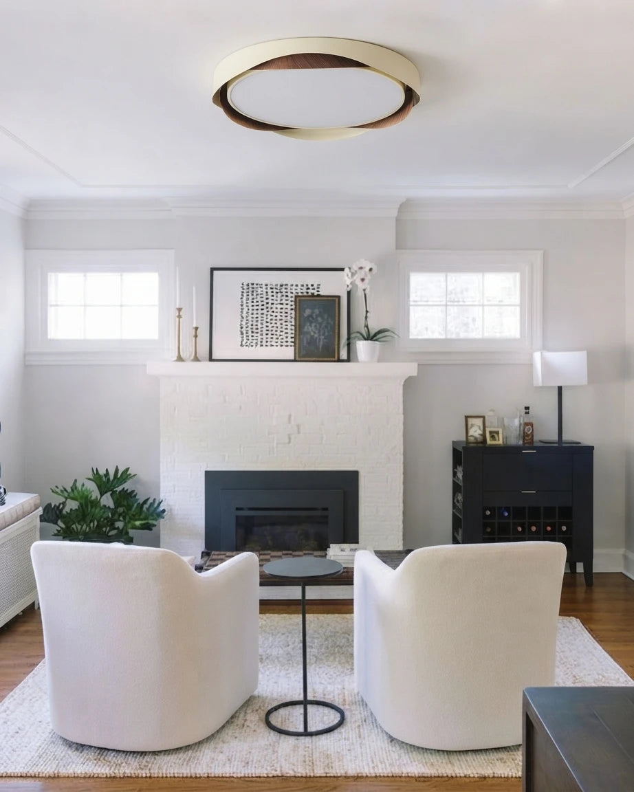 Modern Wood Ceiling Light in Living Room with Fireplace