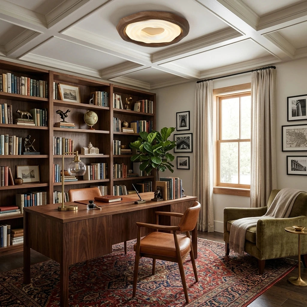 Modern Wood Ceiling Light in Vaulted Ceiling Study Room