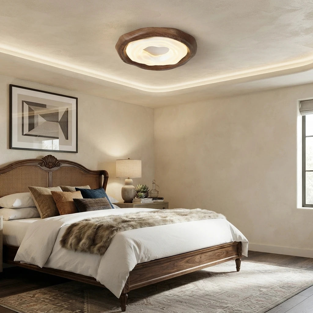 Modern Organic Wood Ceiling Light in Bedroom Interior