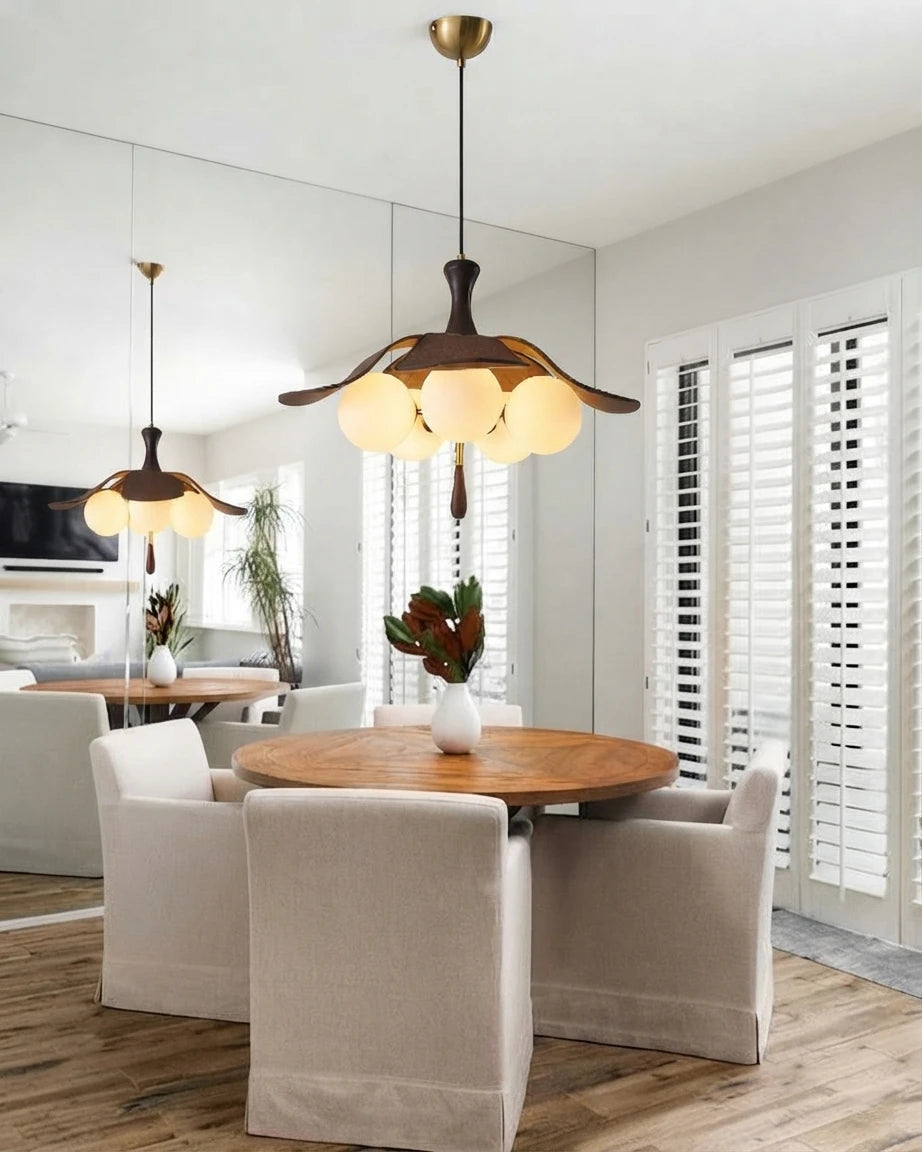 Modern Wood and Glass Pendant Light in Dining Space