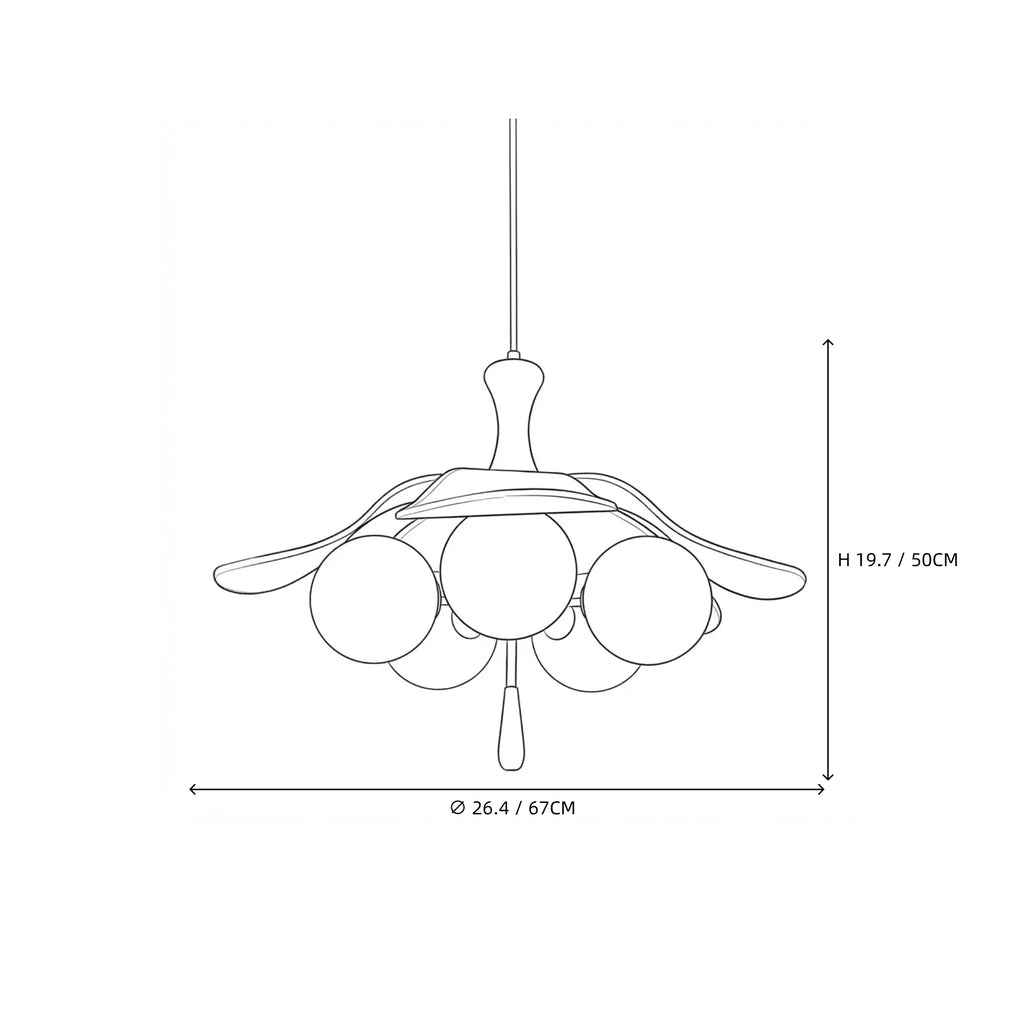 Modern Wood and Glass Floral Pendant Light Line Art Dimension Diagram
