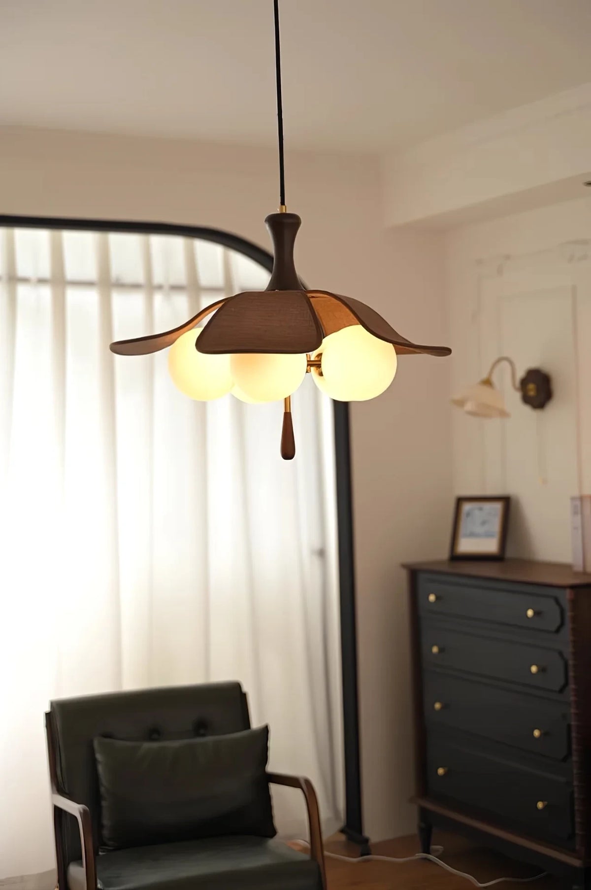 Modern Wood and Glass Pendant Light in Cozy Living Space