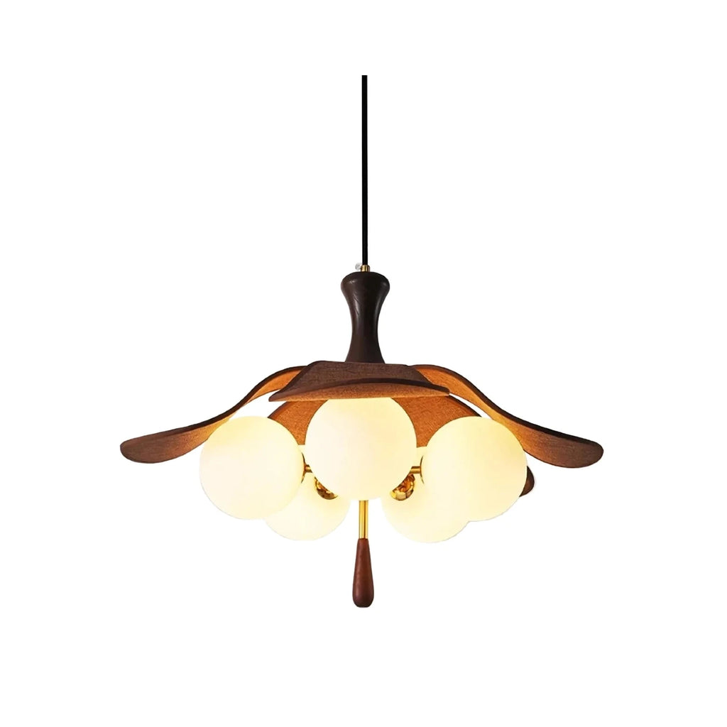 Modern Wood and Glass Floral Pendant Light with Spherical Globes on Pure White Background