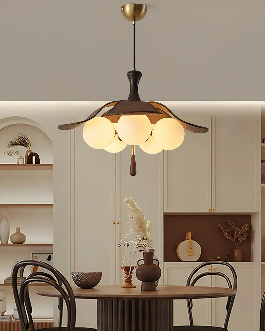 Modern Wood and Glass Pendant Light in Dining Room Interior