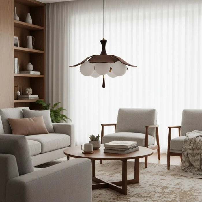 Modern Wood Floral Pendant Light in Living Room Setting