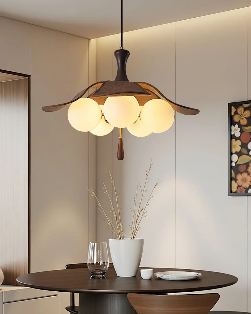 Modern Wood Floral Pendant Light Over Round Dining Table
