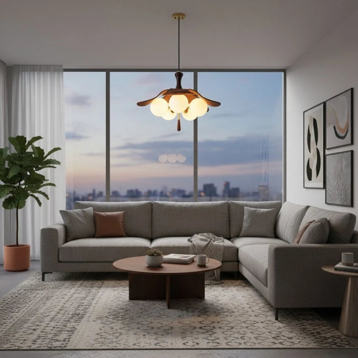 Modern Wood and Glass Chandelier in Open Plan Living Room
