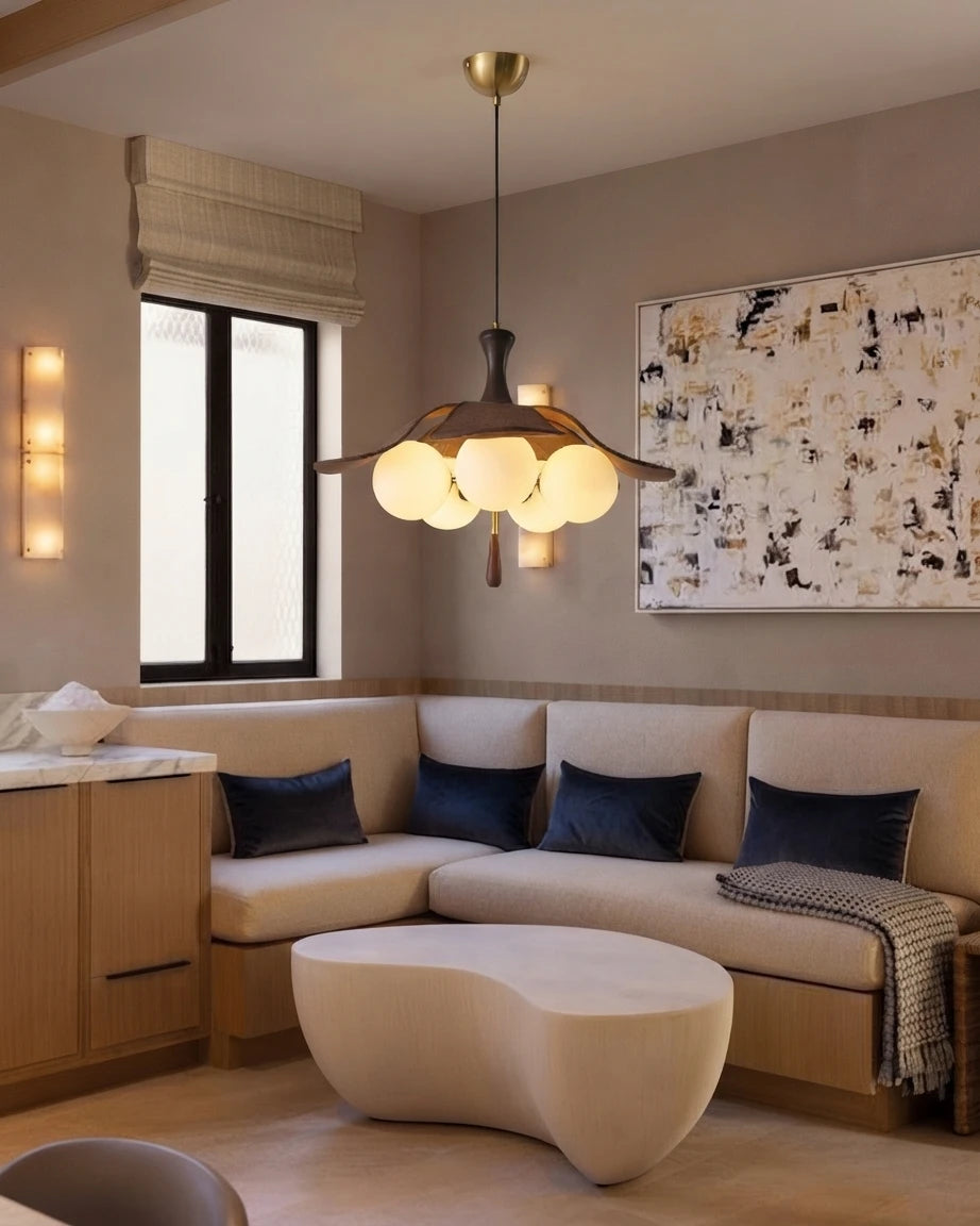 Modern Wood and Glass Pendant Light in Living Area