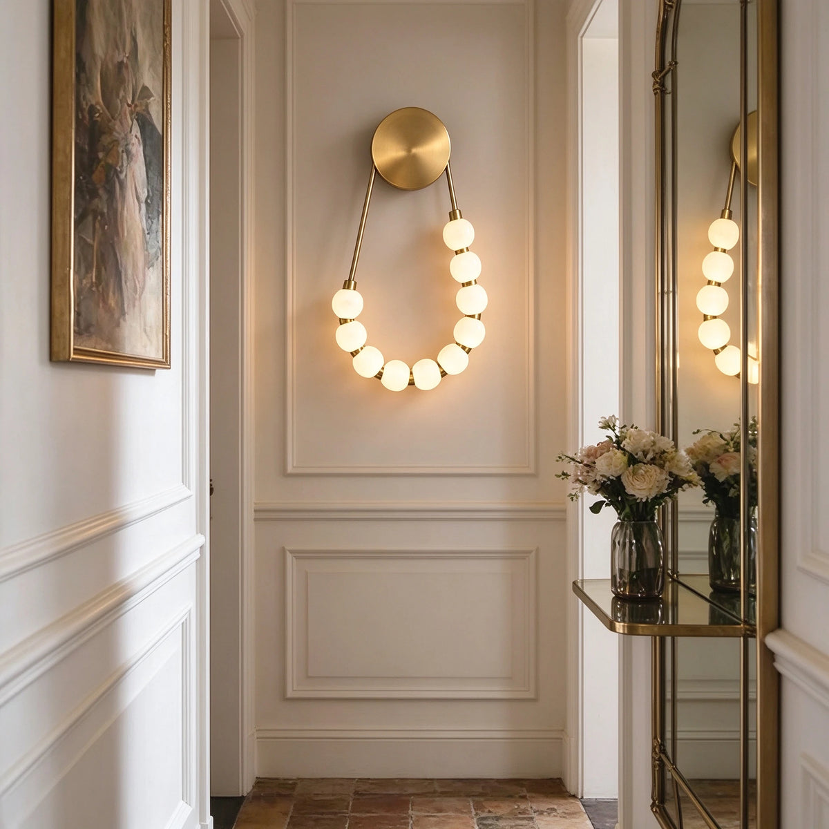 Modern Brass Beaded Wall Sconce in Grand Hallway Foyer