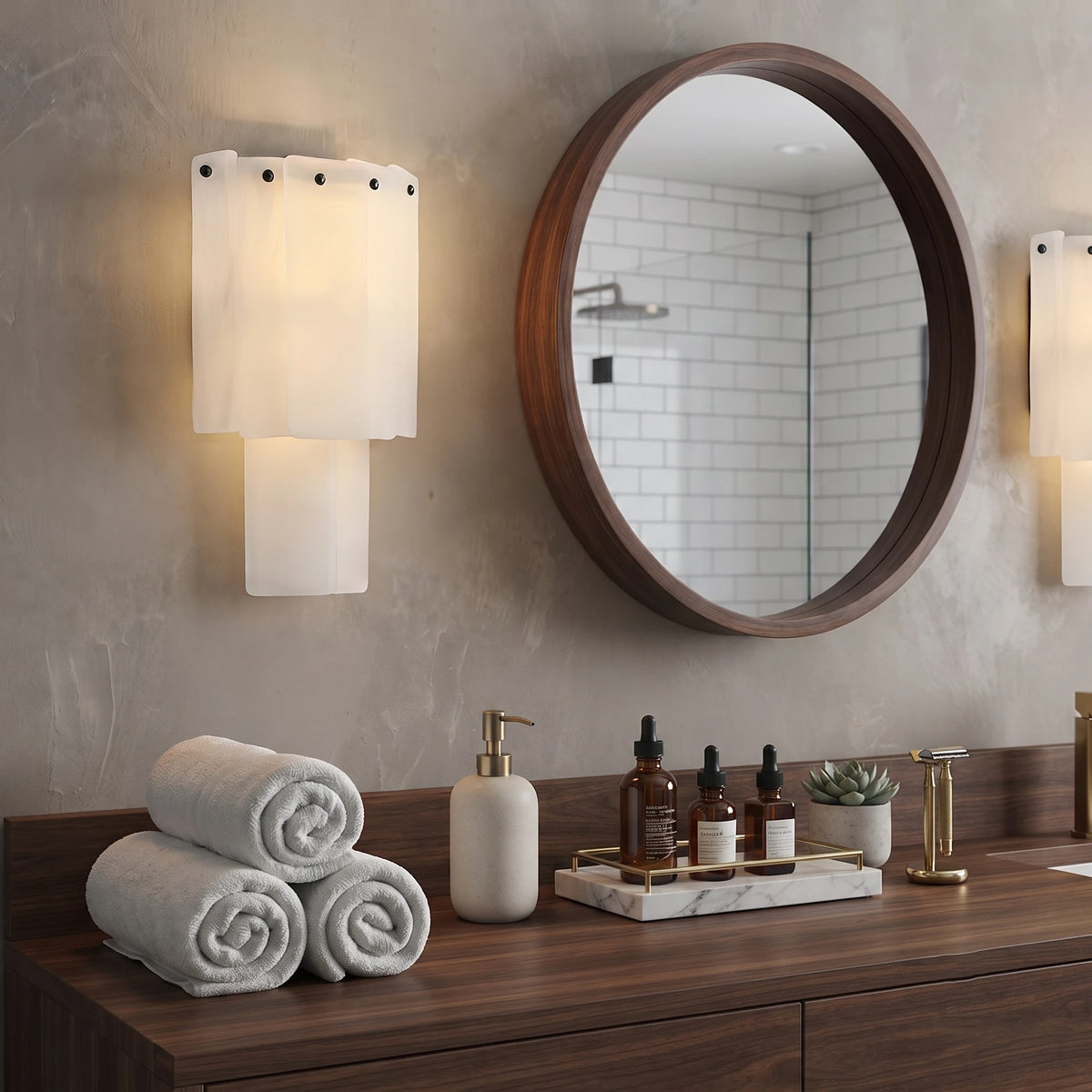 Travertine Wall Sconce above Console Table near Staircase