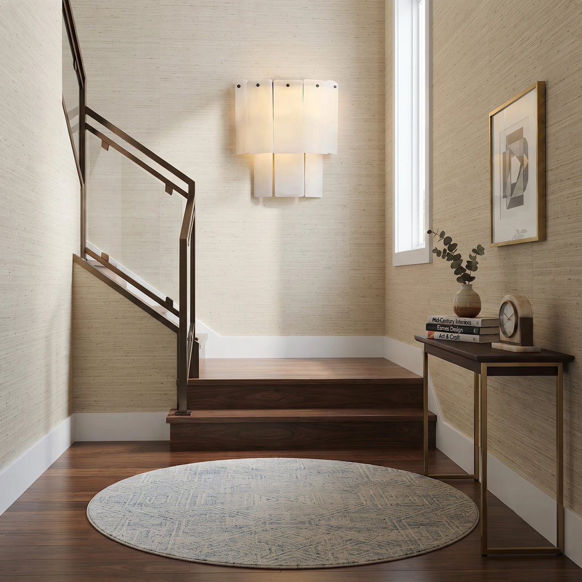 Tiered Alabaster Sconce Illuminating Staircase Landing