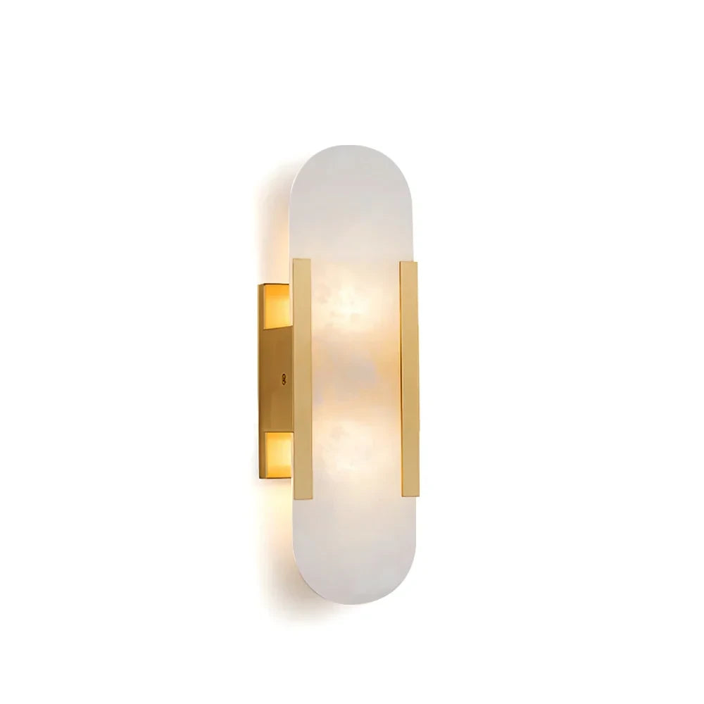 Modern Capsule Alabaster Art Glass Wall Sconce with Brass Hardware on Pure White Background