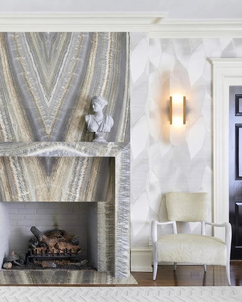 Modern Capsule Alabaster Wall Sconce Over Fireplace Setting