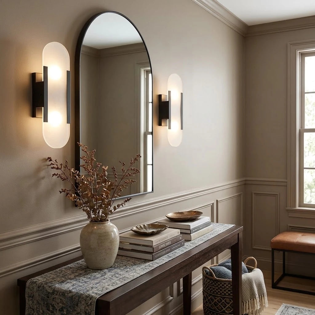 Modern Capsule Alabaster Wall Sconce Along Hallway Corridor