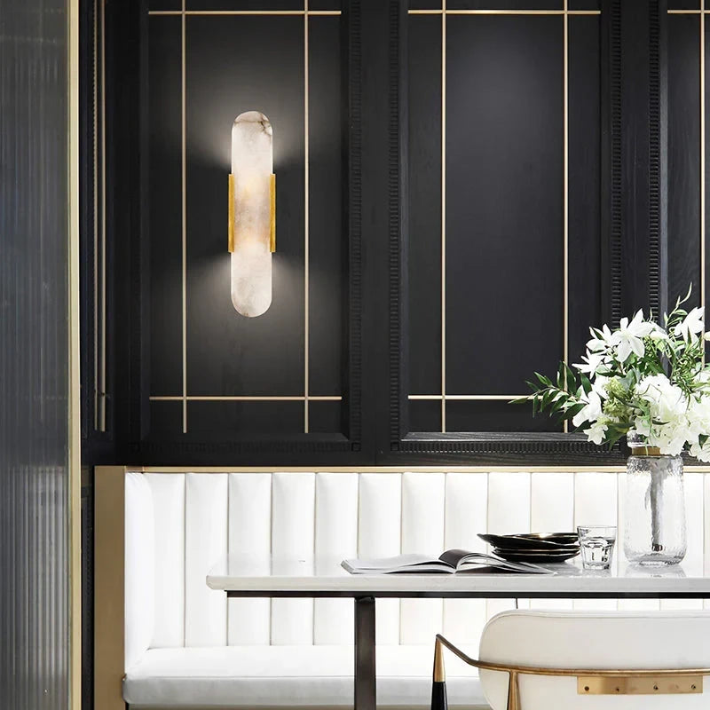Modern Capsule Alabaster Wall Sconce in Dining Room Setting
