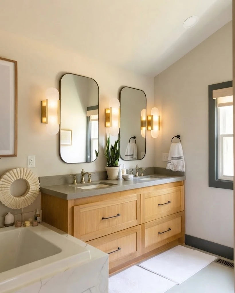 Modern Alabaster Art Glass Wall Sconces in Luxury Bathroom