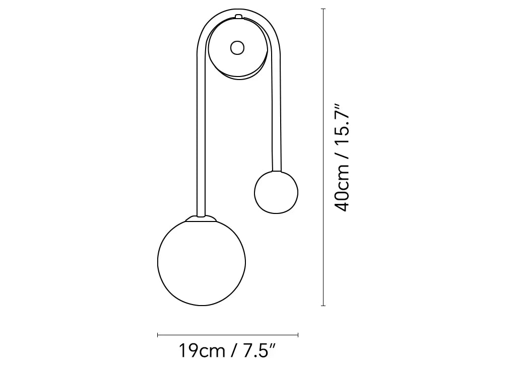 Modern Brass Curved Tube and Glass Globe Wall Sconce Line Art Dimension Diagram